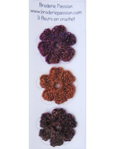 Lot de 3 fleurs en crochet - chiné prune, violet et orange