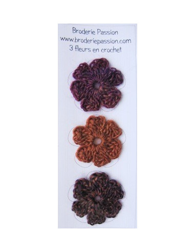 Lot de 3 fleurs en crochet - chiné prune, violet et orange