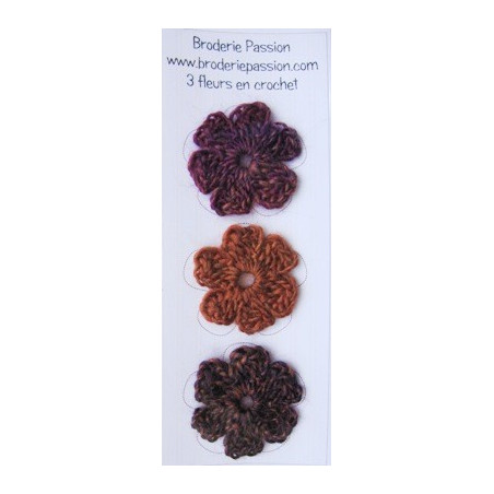 Lot de 3 fleurs en crochet - chiné prune, violet et orange