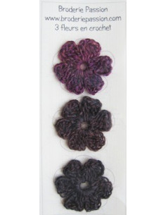 Lot de 3 fleurs en crochet - chiné prune et brun foncé