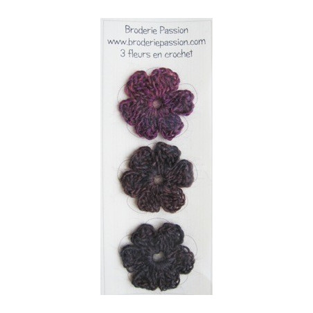 Lot de 3 fleurs en crochet - chiné prune et brun foncé