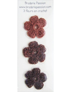Lot de 3 fleurs en crochet - chiné brun orangé et brun foncé