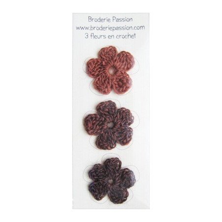 Lot de 3 fleurs en crochet - chiné brun orangé et brun foncé