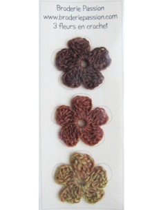 Lot de 3 fleurs en crochet - chiné brun orangé et vert