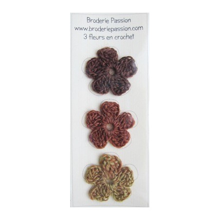 Lot de 3 fleurs en crochet - chiné brun orangé et vert