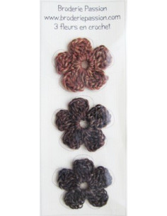 Lot de 3 fleurs en crochet - chiné brun orangé et brun foncé