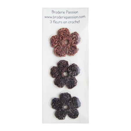 Lot de 3 fleurs en crochet - chiné brun orangé et brun foncé