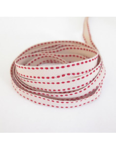 Ruban surpiqué - beige et rouge - 10 mm