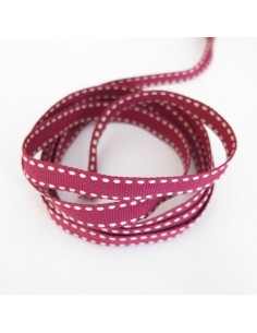 Ruban surpiqué - bordeaux et beige - 10 mm