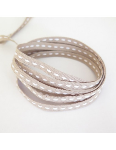 Ruban surpiqué - beige et blanc - 7 mm
