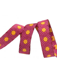 Ruban hexagones orange sur fond rose - 10 mm