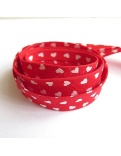 Biais replié en coton rouge avec coeurs blancs - 20 mm