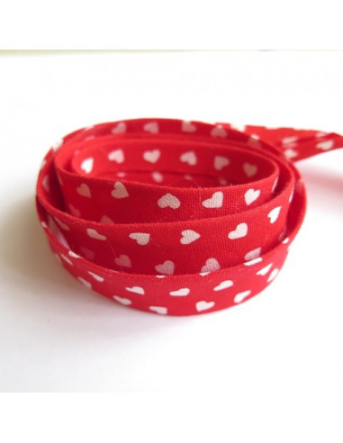 Biais replié en coton rouge avec coeurs blancs - 20 mm
