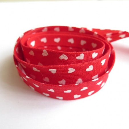 Biais replié en coton rouge avec coeurs blancs - 20 mm