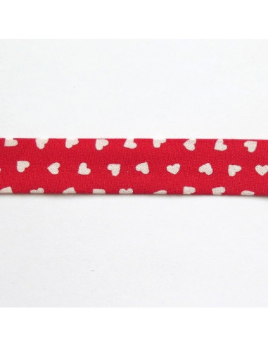 Biais replié en coton rouge avec coeurs blancs - 20 mm