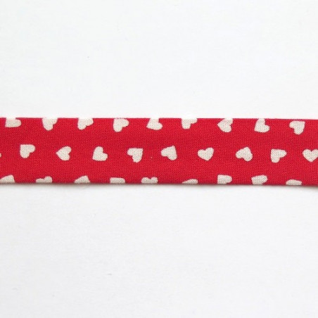 Biais replié en coton rouge avec coeurs blancs - 20 mm