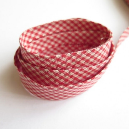 Biais replié en coton rouge et beige quadrillé - 20 mm