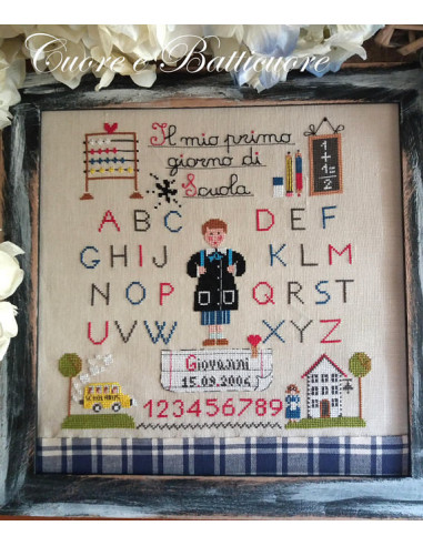 Cuore e Batticuore - Il Mio primo Giorno di Scuola Bambino - Fiche de broderie au point de croix compté