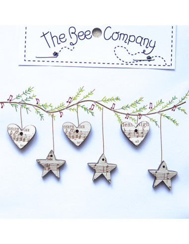 The Bee Company - Lot de 6 boutons en bois - Coeurs et étoiles beige