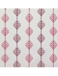 Tissu aspect lin blanc cassé - Feuillage géométrique rouge et bordeaux