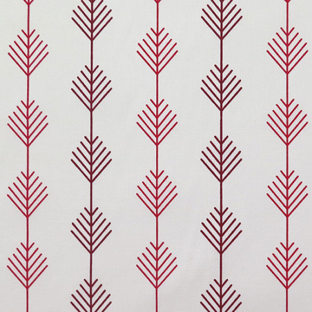 Tissu aspect lin blanc cassé - Feuillage géométrique rouge et bordeaux
