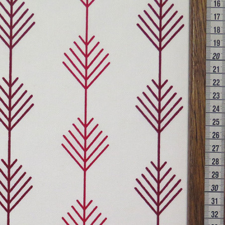 Tissu aspect lin blanc cassé - Feuillage géométrique rouge et bordeaux