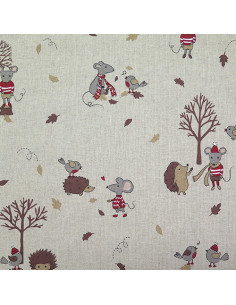 Tissu aspect lin - Petites souris de Noël en forêt