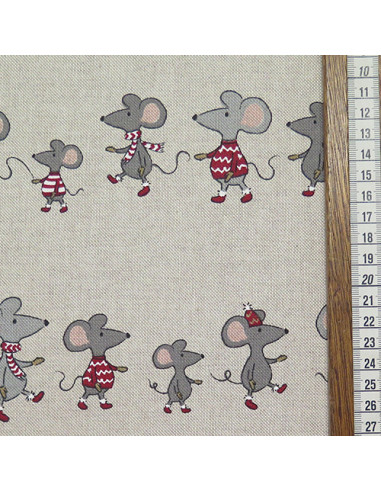Tissu aspect lin - Petites souris de Noël