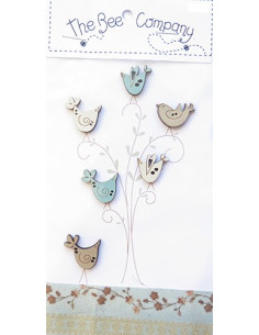 The Bee Company - Assortiment de boutons en bois - Oiseaux vintage bleu