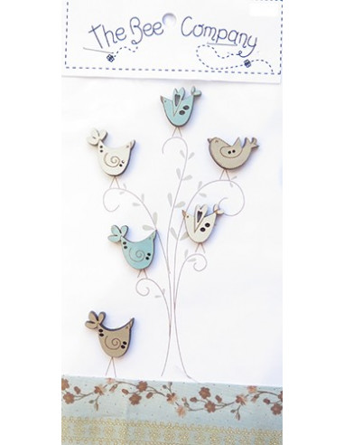 The Bee Company - Assortiment de boutons en bois - Oiseaux vintage bleu