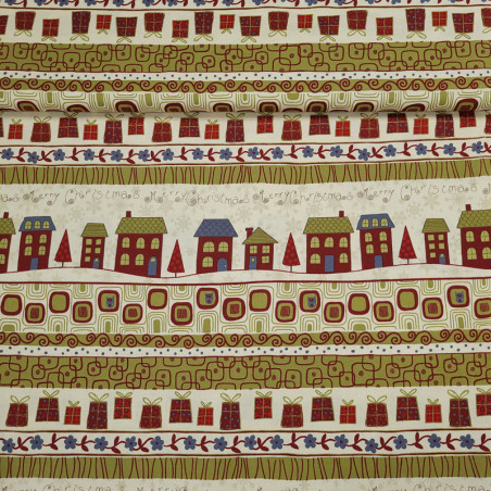 Tissu coton petites maisons et cadeaux