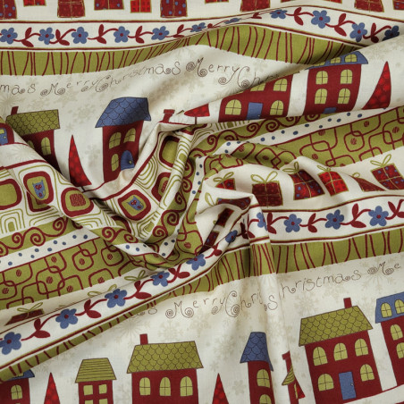Tissu coton petites maisons et cadeaux