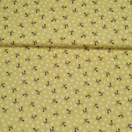 Tissu coton petits oiseaux fond vert