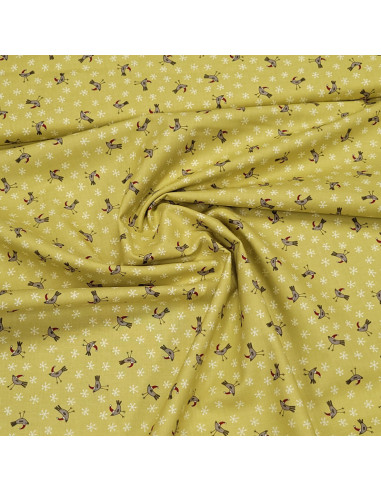 Tissu coton petits oiseaux fond vert