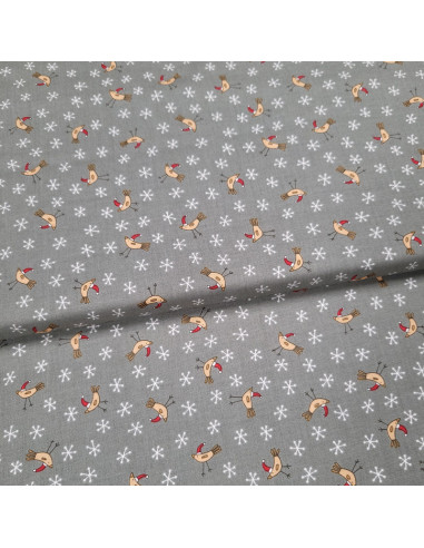 Tissu coton petits oiseaux fond gris