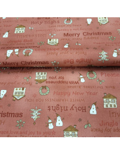 Tissu coton Merry Christmas fond bordeau