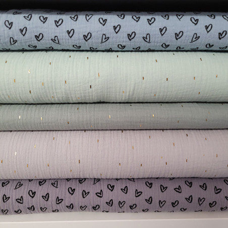 Tissu double gaze bleu moyen motifs cœur