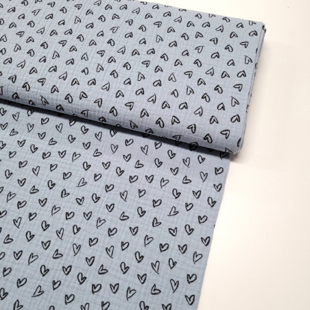 Tissu double gaze bleu moyen motifs cœur