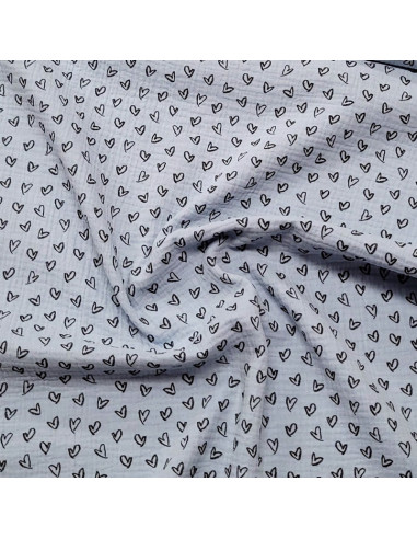 Tissu double gaze bleu moyen motifs cœur