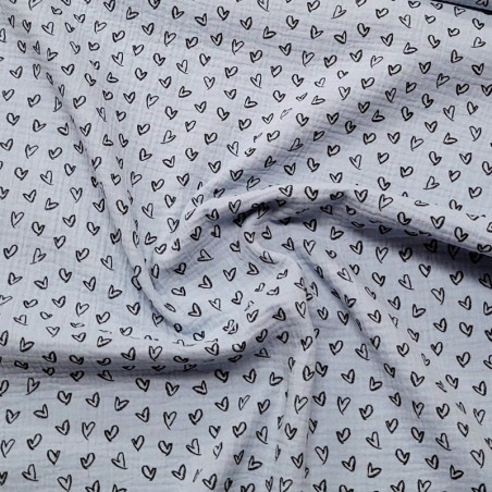 Tissu double gaze bleu moyen motifs cœur
