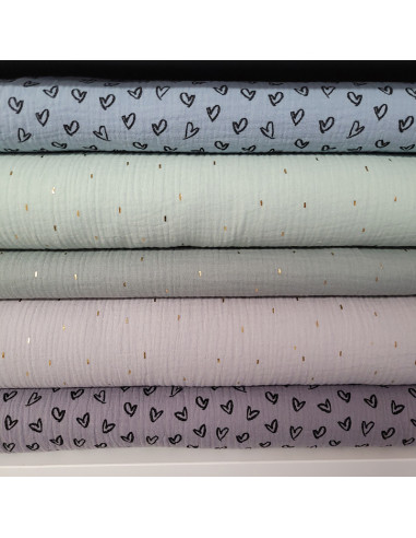 Tissu double gaze gris moyen motifs cœur