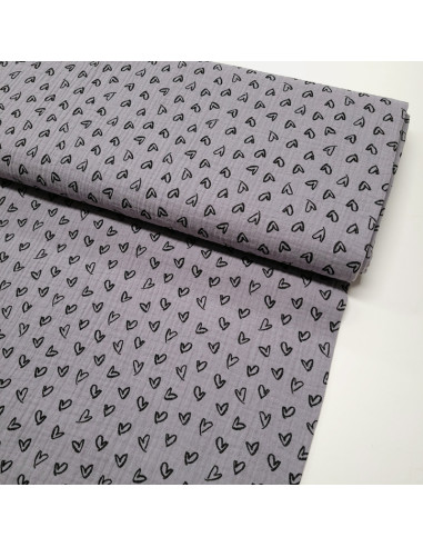 Tissu double gaze gris moyen motifs cœur