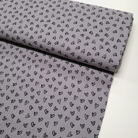 Tissu double gaze gris moyen motifs cœur