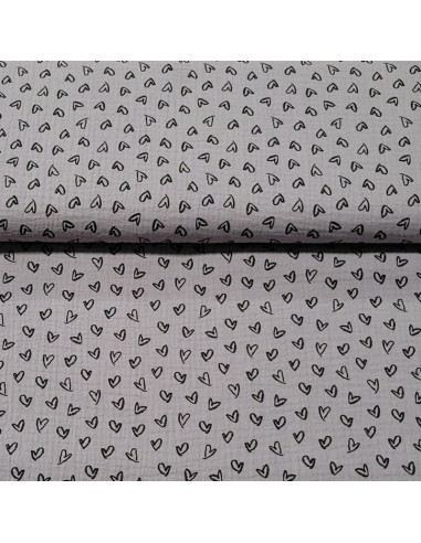 Tissu double gaze gris moyen motifs cœur