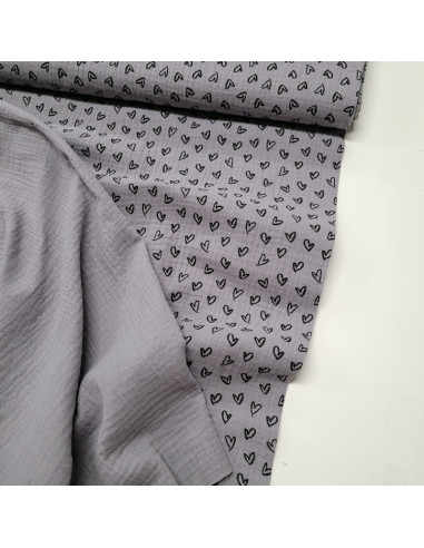 Tissu double gaze gris moyen motifs cœur