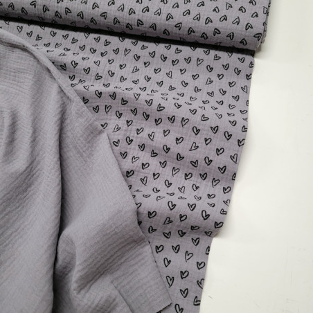 Tissu double gaze gris moyen motifs cœur