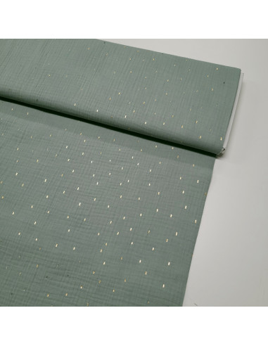 Tissu double gaze vert nature avec dorures / uni