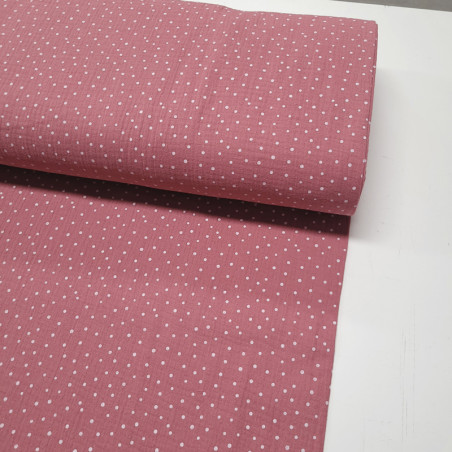 Tissu double gaze rose moyen à pois blanc