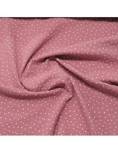 Tissu double gaze rose moyen à pois blanc