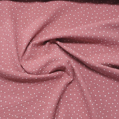 Tissu double gaze rose moyen à pois blanc